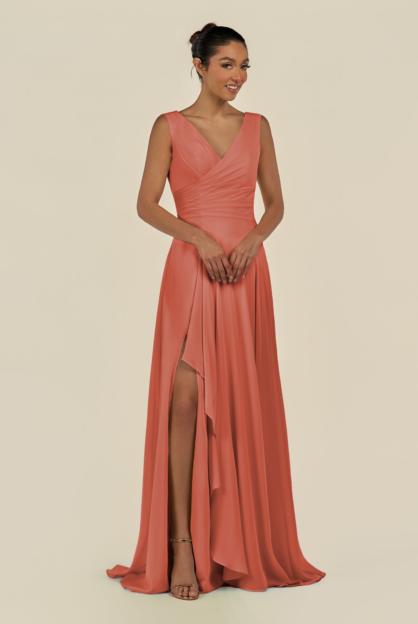 KissDress-Saphir Wild Rose A Line Chiffon V Neck Ruched Long Bridesmaid Dress with Slit