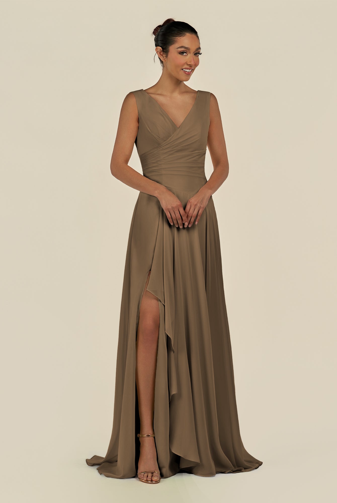 KissDress-Saphir Willow Green A Line Chiffon V Neck Ruched Long Bridesmaid Dress with Slit