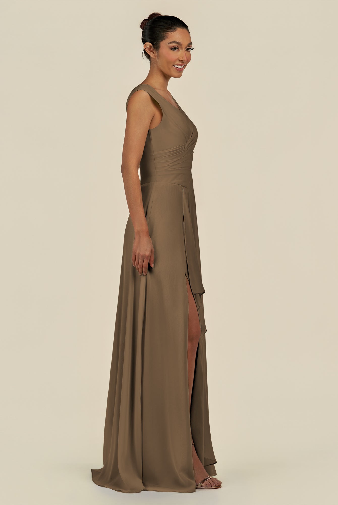 KissDress-Saphir Willow Green A Line Chiffon V Neck Ruched Long Bridesmaid Dress with Slit