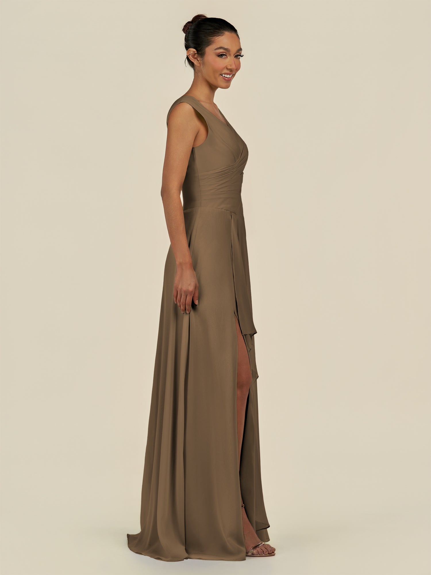 KissDress-Saphir Willow Green A Line Chiffon V Neck Ruched Long Bridesmaid Dress with Slit