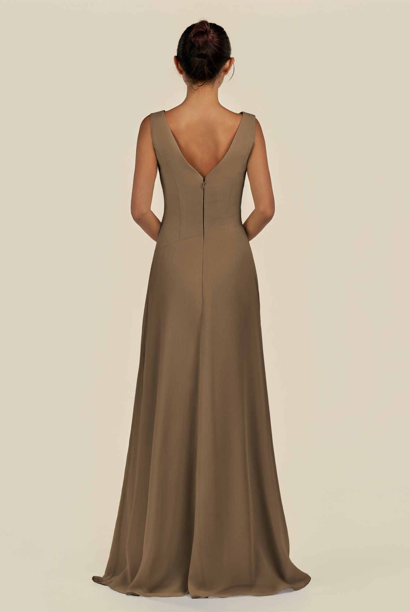 KissDress-Saphir Willow Green A Line Chiffon V Neck Ruched Long Bridesmaid Dress with Slit