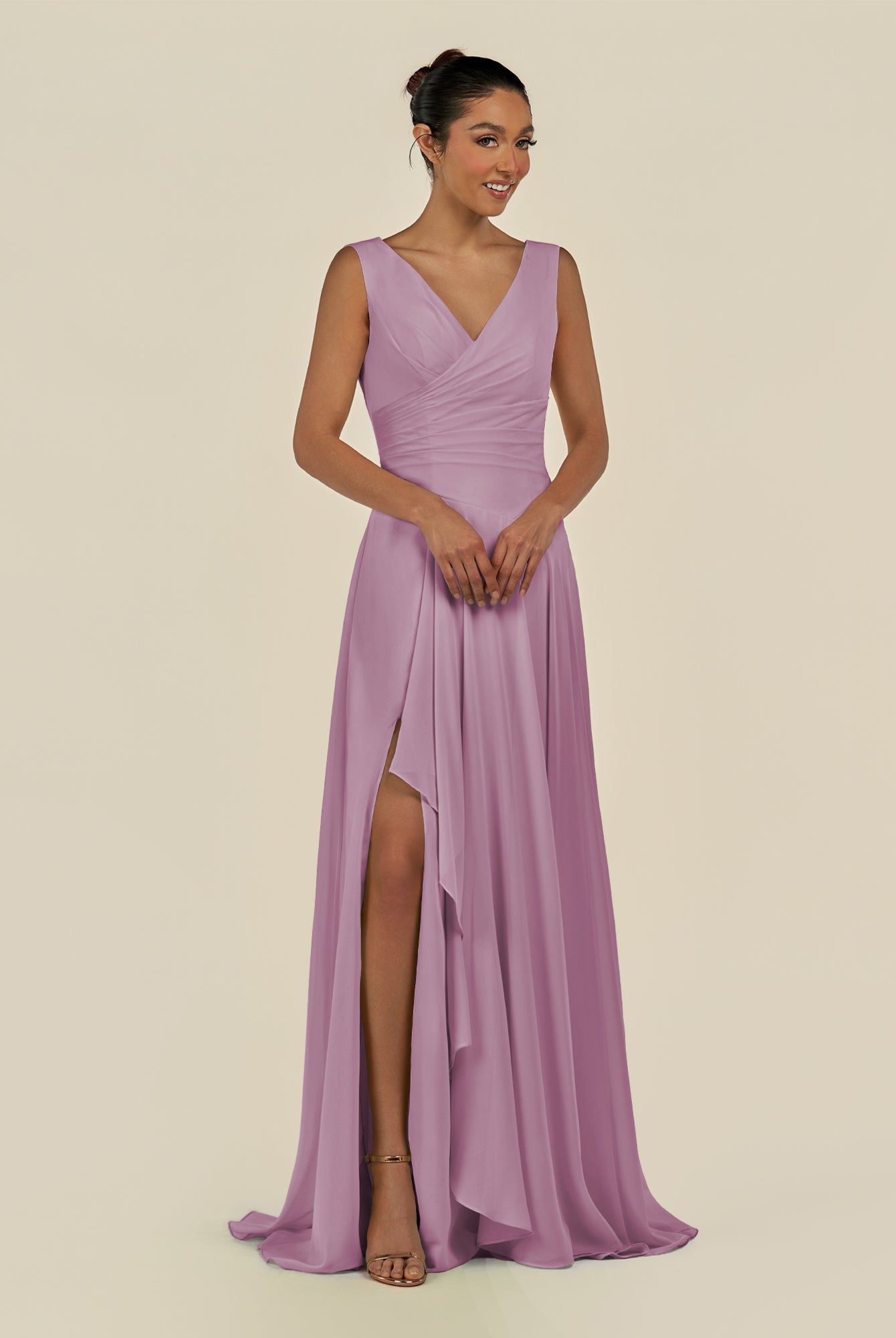KissDress-Saphir Wisteria A Line Chiffon V Neck Ruched Long Bridesmaid Dress with Slit
