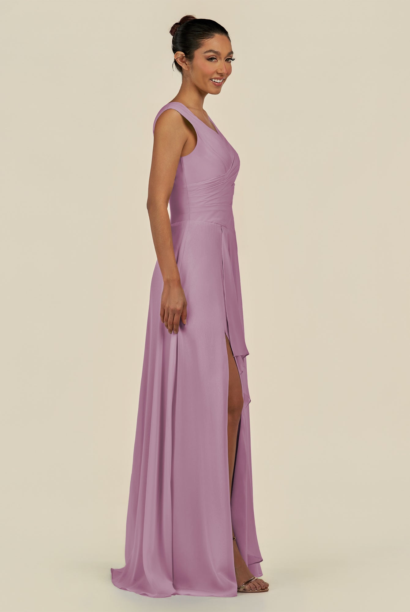 KissDress-Saphir Wisteria A Line Chiffon V Neck Ruched Long Bridesmaid Dress with Slit