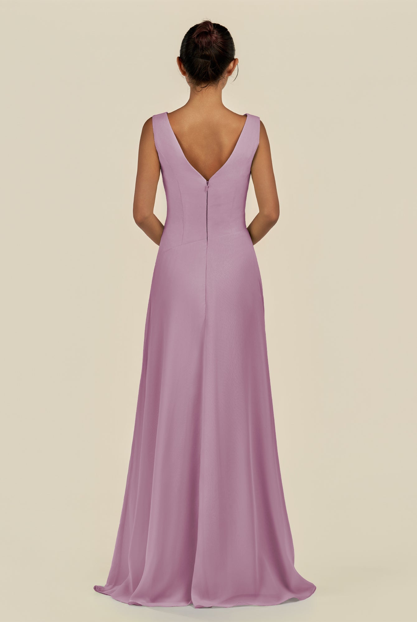 KissDress-Saphir Wisteria A Line Chiffon V Neck Ruched Long Bridesmaid Dress with Slit