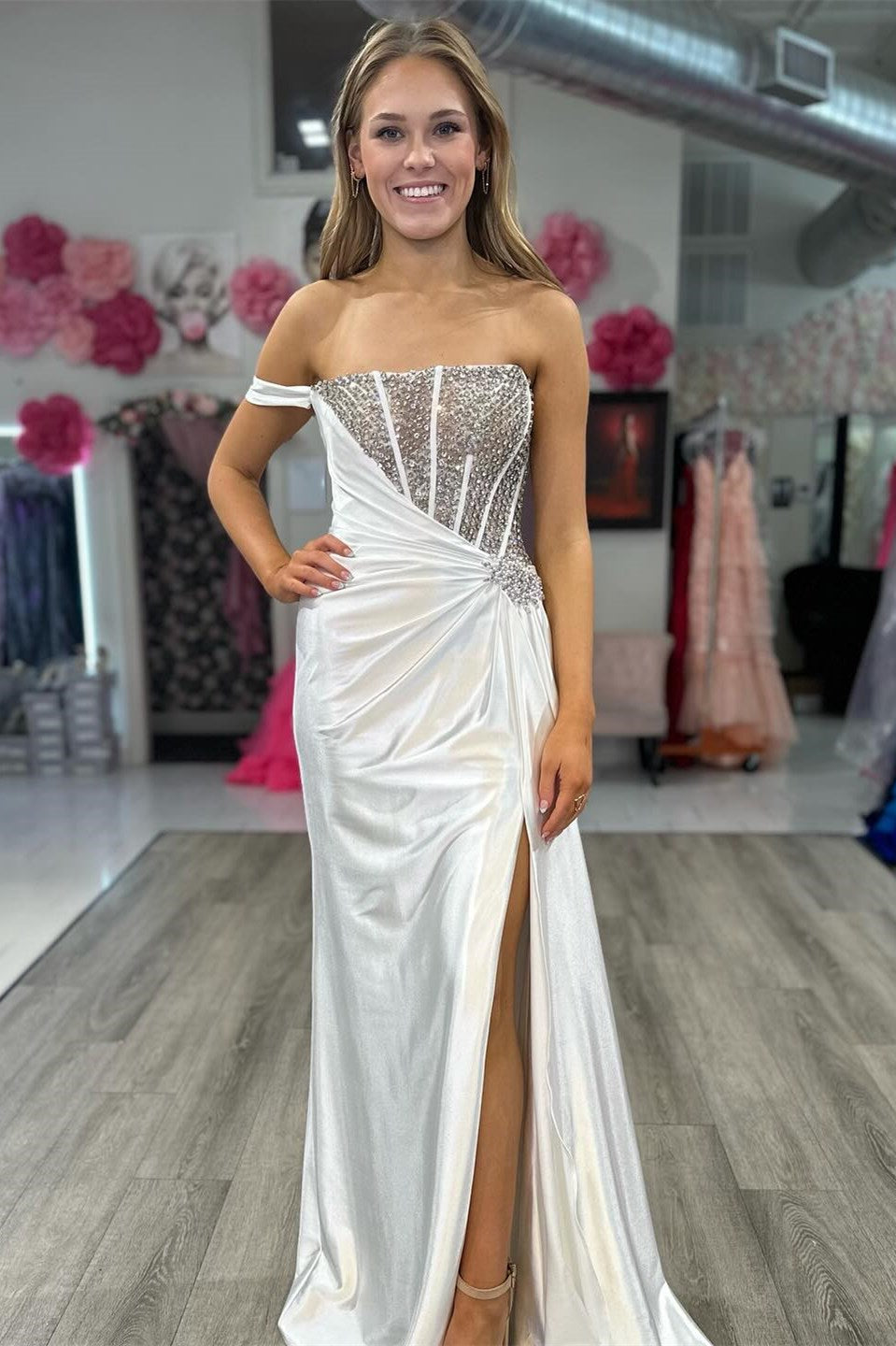 Asymmetrical White Satin Beaded Long Formal Dress with Attached Train