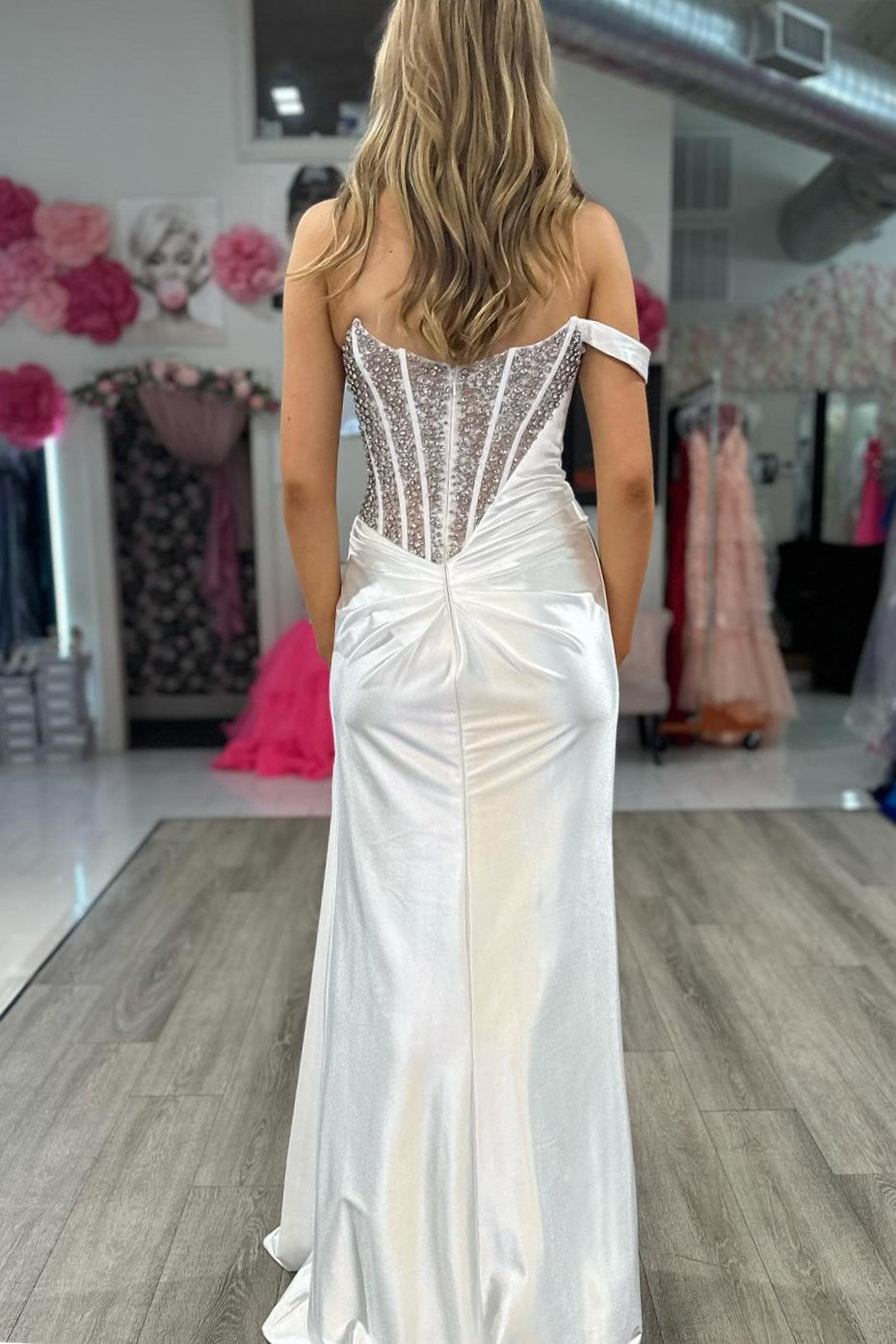Asymmetrical White Satin Beaded Long Formal Dress with Attached Train