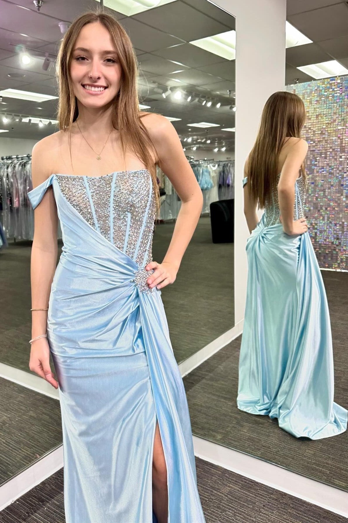 Asymmetrical White Satin Beaded Long Formal Dress with Attached Train