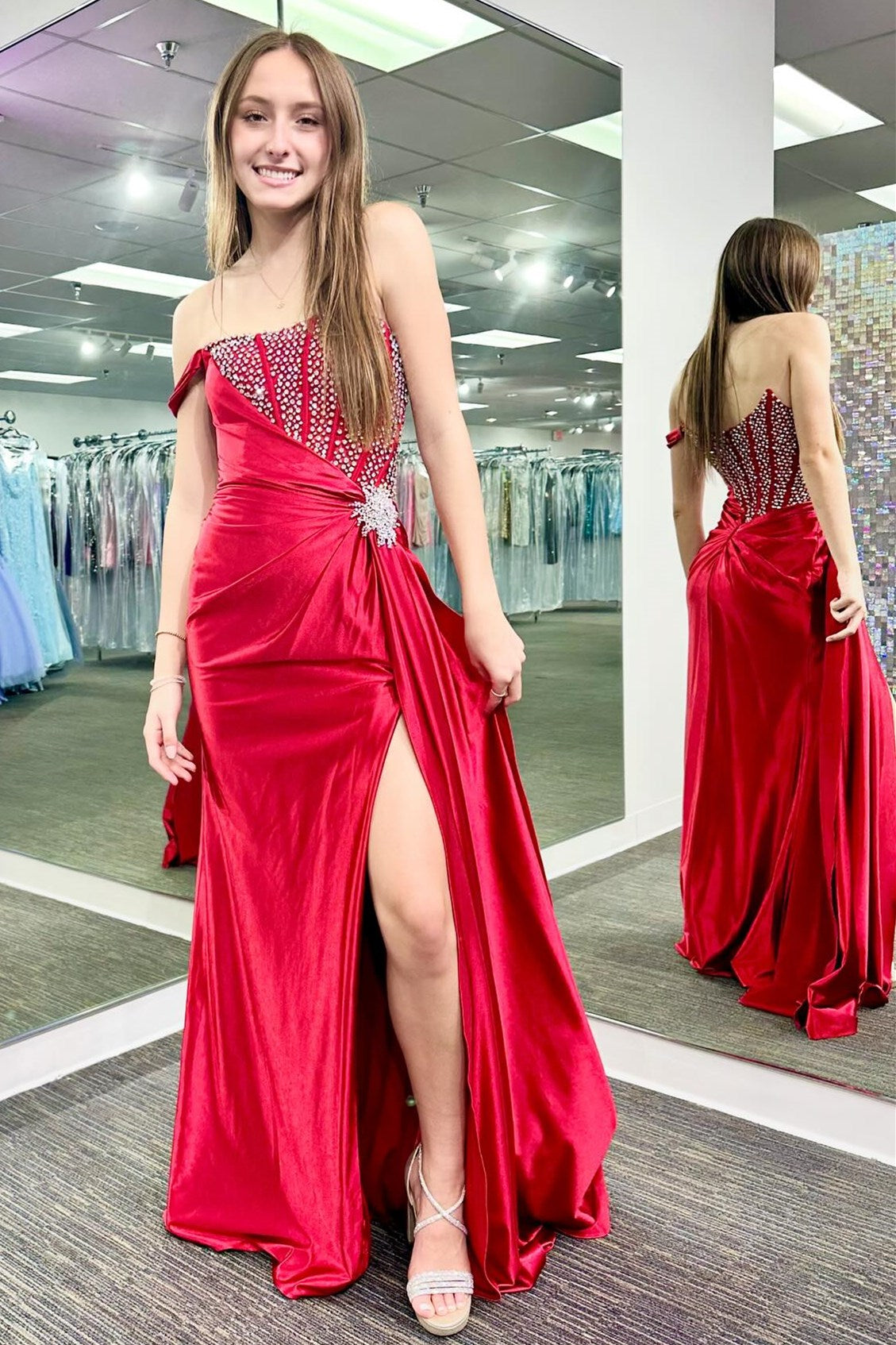 Asymmetrical White Satin Beaded Long Formal Dress with Attached Train
