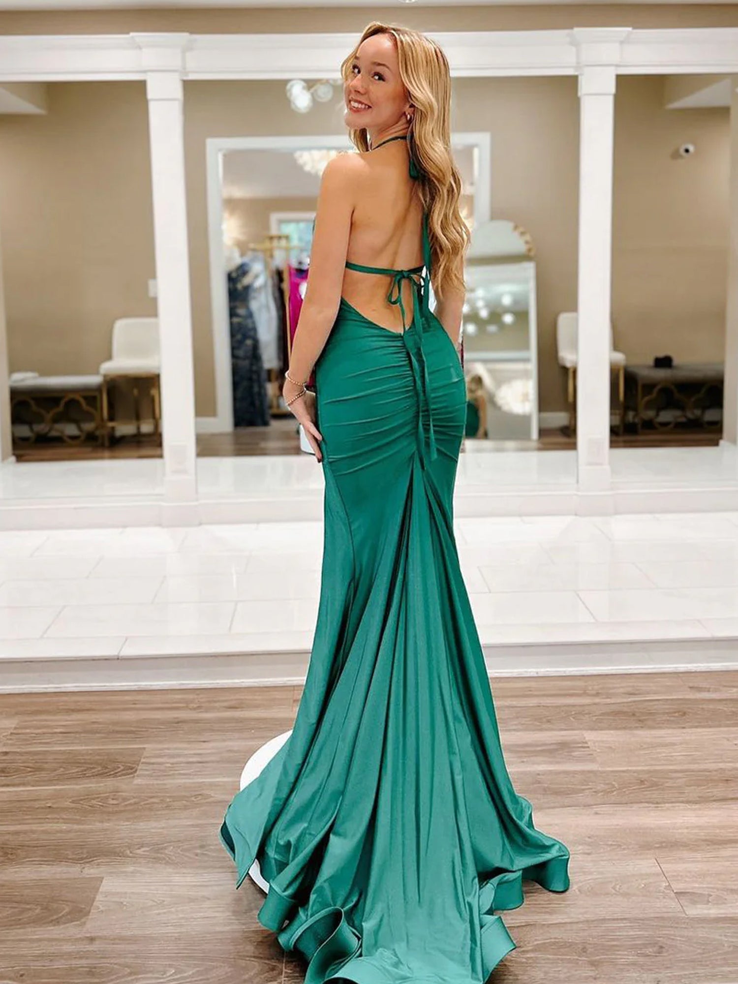 Mermaid V Neck Elastic Satin Long Prom Dresses with Slit