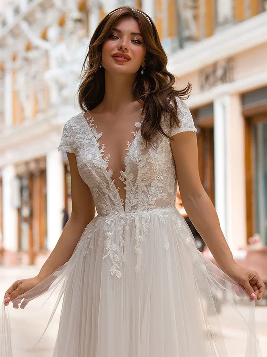 KissDress-Sexy A Line Plunging Neckline Tulle Sweep Train Wedding Dress with Appliques