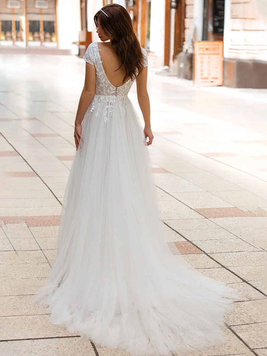 KissDress-Sexy A Line Plunging Neckline Tulle Sweep Train Wedding Dress with Appliques
