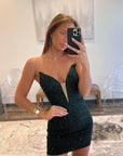 Sexy Deep V neck Beads Short Homecoming Dress Tight