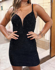 Sexy Fitted V-Neck Spaghetti Straps Fully Beaded Homecoming Dress