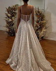 Spaghetti Straps Lace Appliques Sparkly A-Line Wedding Dress