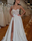 Spaghetti Straps Lace Appliques Sparkly A-Line Wedding Dress