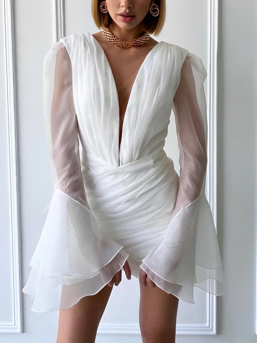 KissDress-Sheath V-Neck Long Sleeves Short Mini Tulle Little White Wedding Dresses