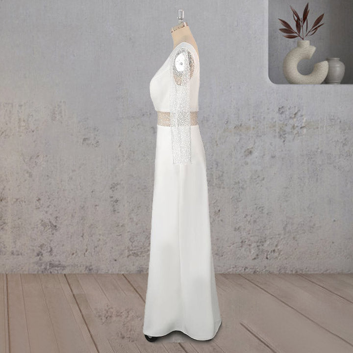 Sheath V Neck White Satin Long Wedding Dress