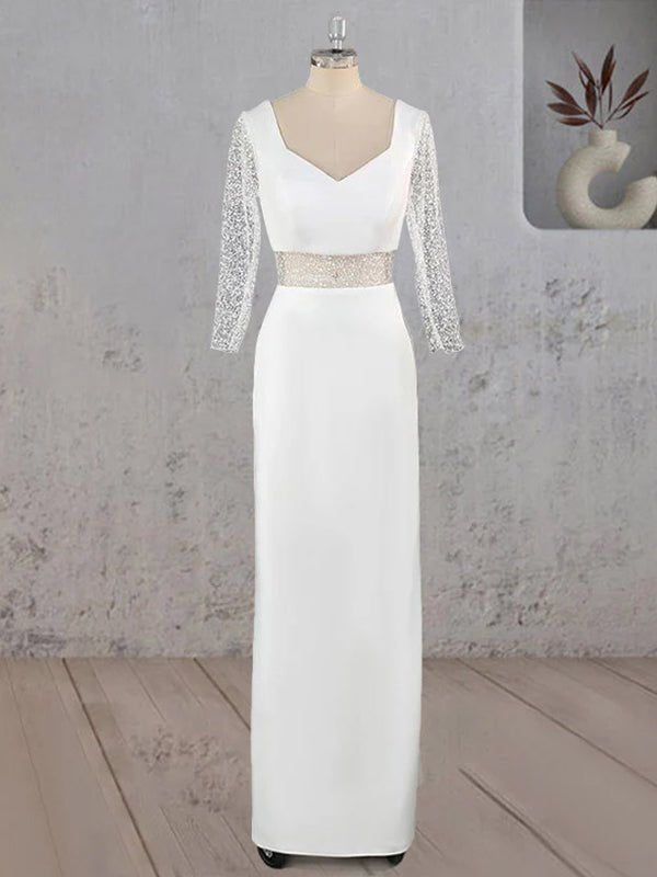 KissDress-Sheath V Neck White Satin Long Wedding Dress