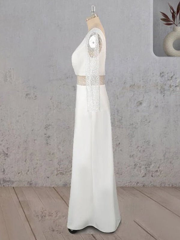 KissDress-Sheath V Neck White Satin Long Wedding Dress
