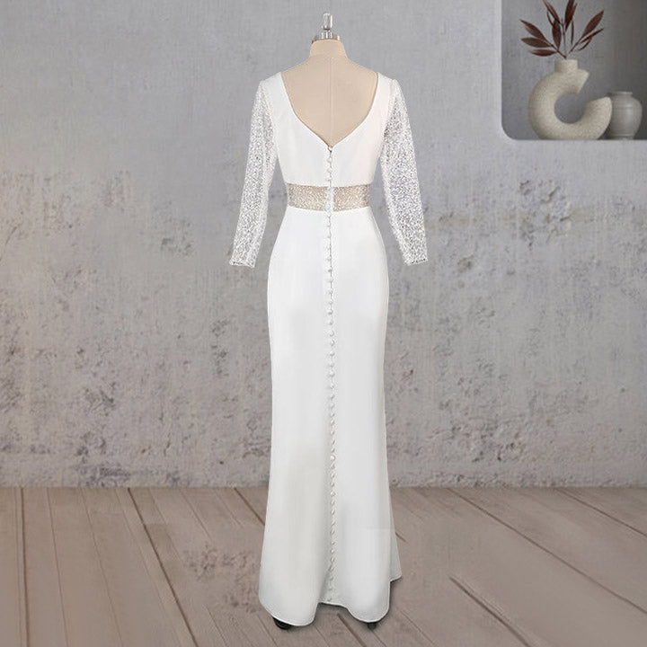 Sheath V Neck White Satin Long Wedding Dress