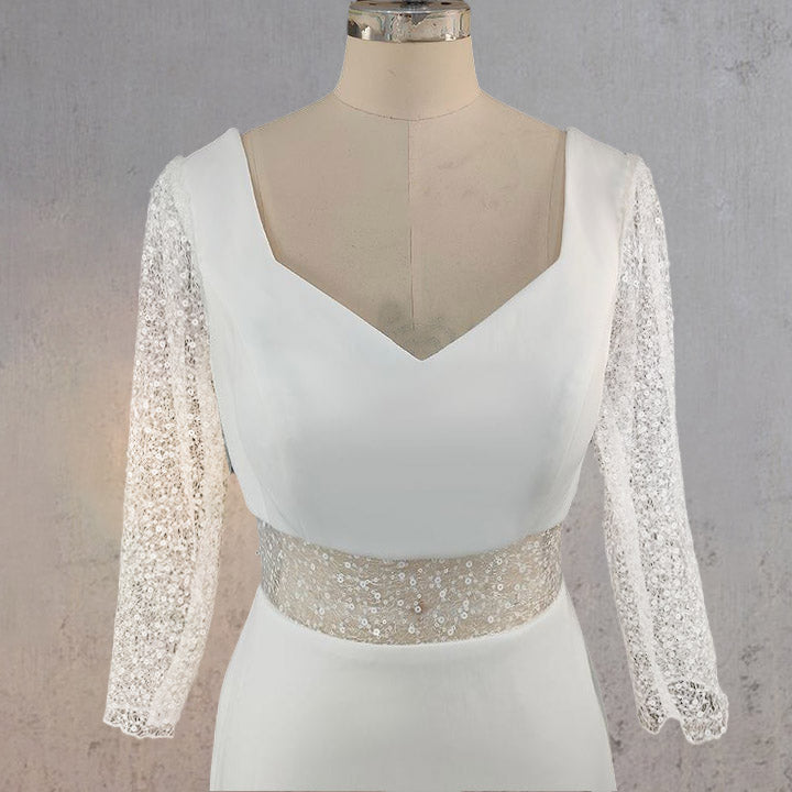 Sheath V Neck White Satin Long Wedding Dress