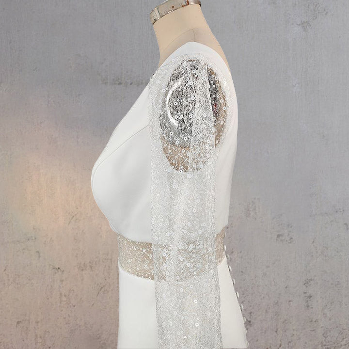 Sheath V Neck White Satin Long Wedding Dress