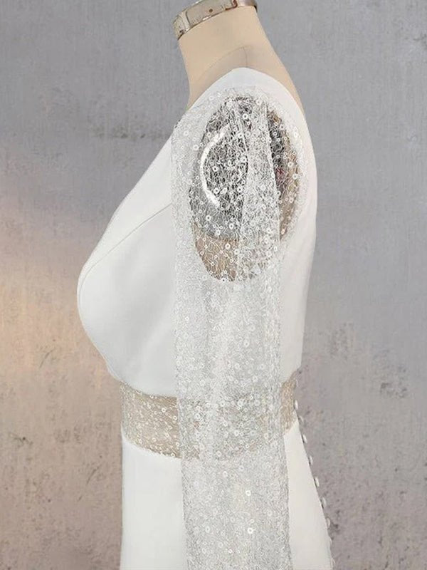 KissDress-Sheath V Neck White Satin Long Wedding Dress