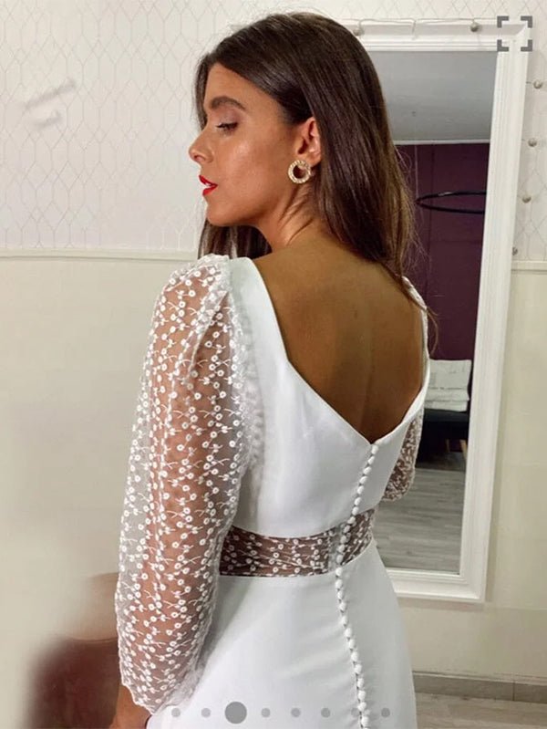 KissDress-Sheath V Neck White Satin Long Wedding Dress