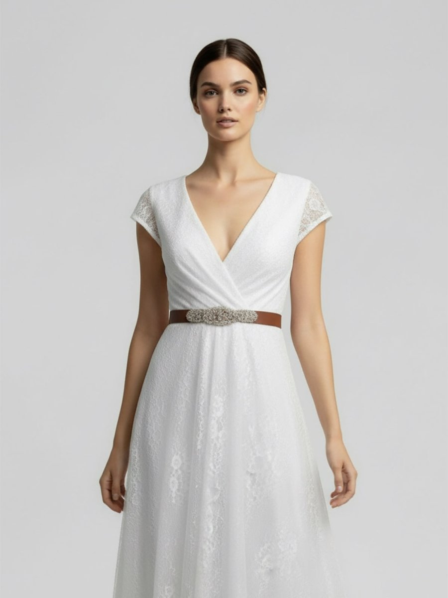 KissDress-Short Sleeve V-neck Pleated Long Lace Wedding Dress