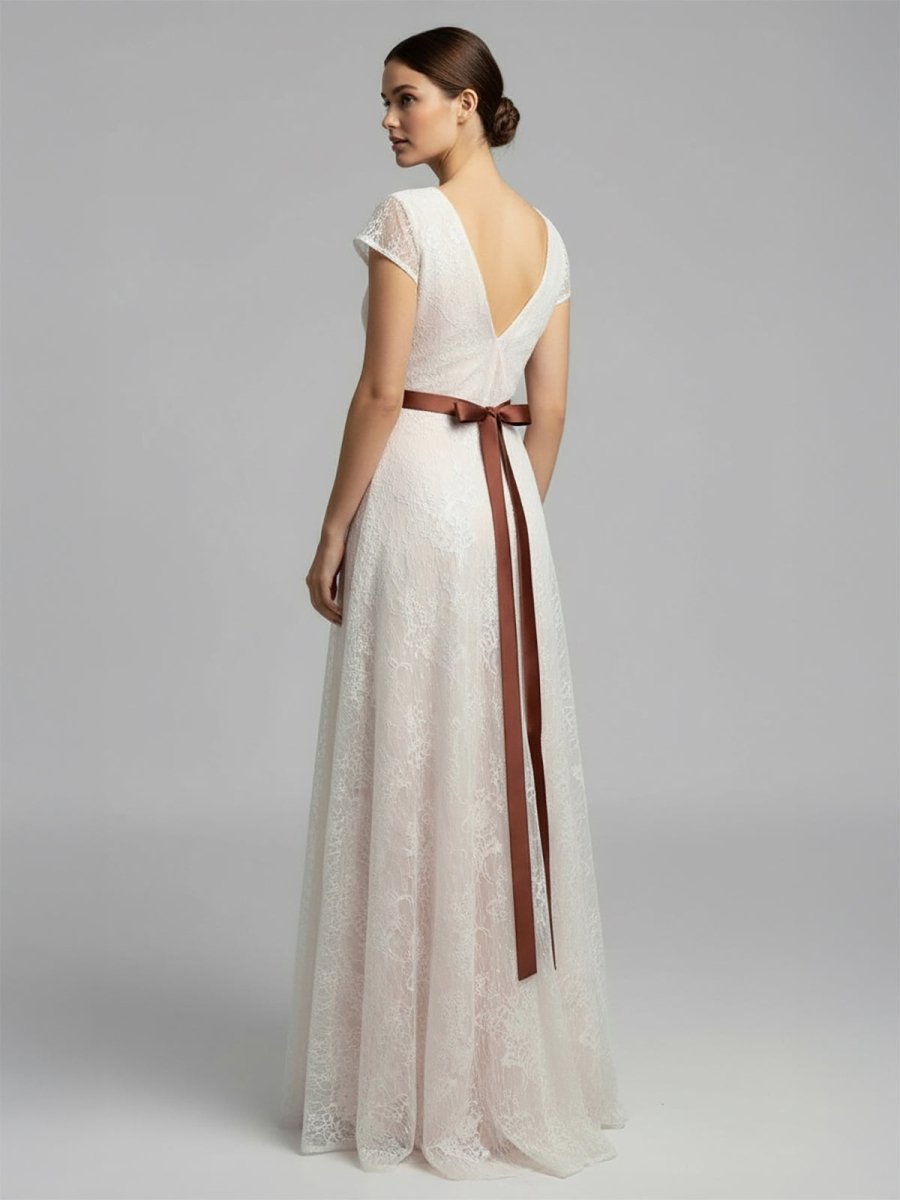 KissDress-Short Sleeve V-neck Pleated Long Lace Wedding Dress