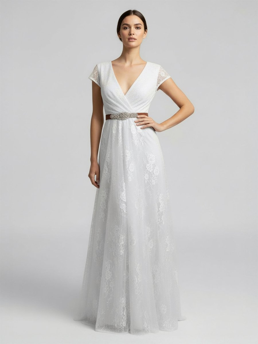 KissDress-Short Sleeve V-neck Pleated Long Lace Wedding Dress