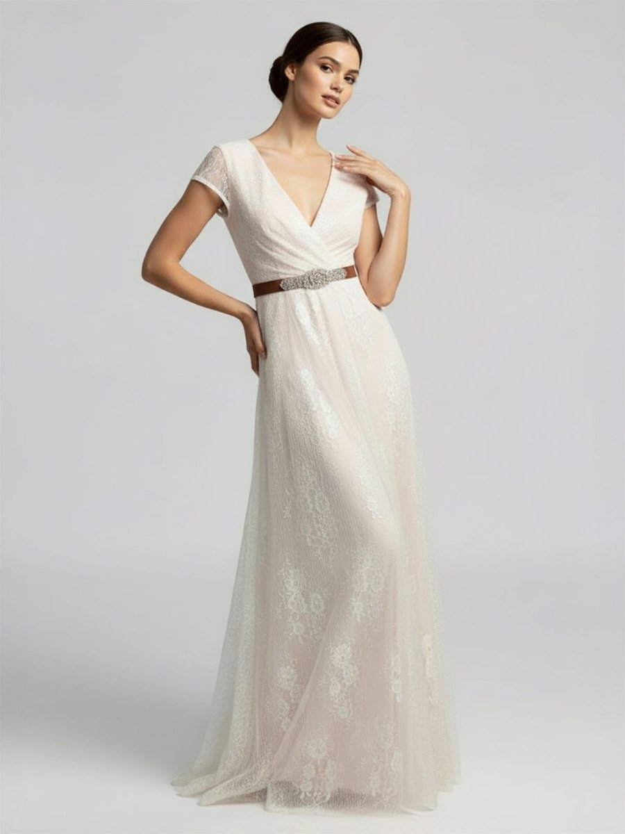 KissDress-Short Sleeve V-neck Pleated Long Lace Wedding Dress