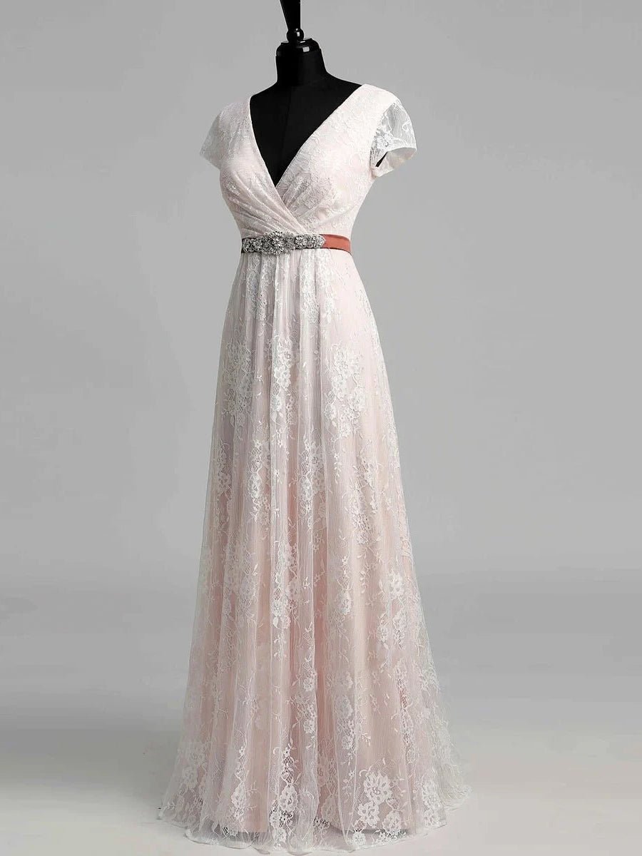 KissDress-Short Sleeve V-neck Pleated Long Lace Wedding Dress