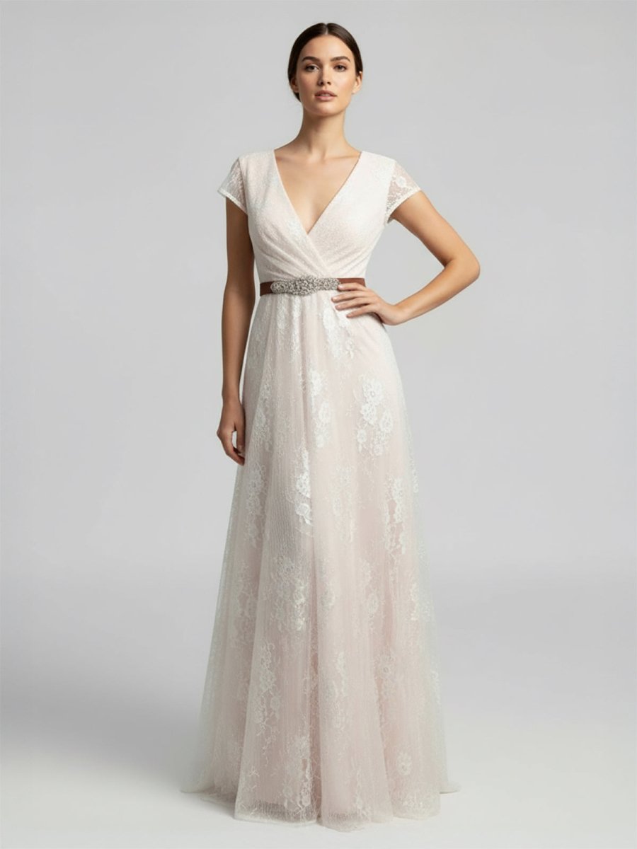 KissDress-Short Sleeve V-neck Pleated Long Lace Wedding Dress