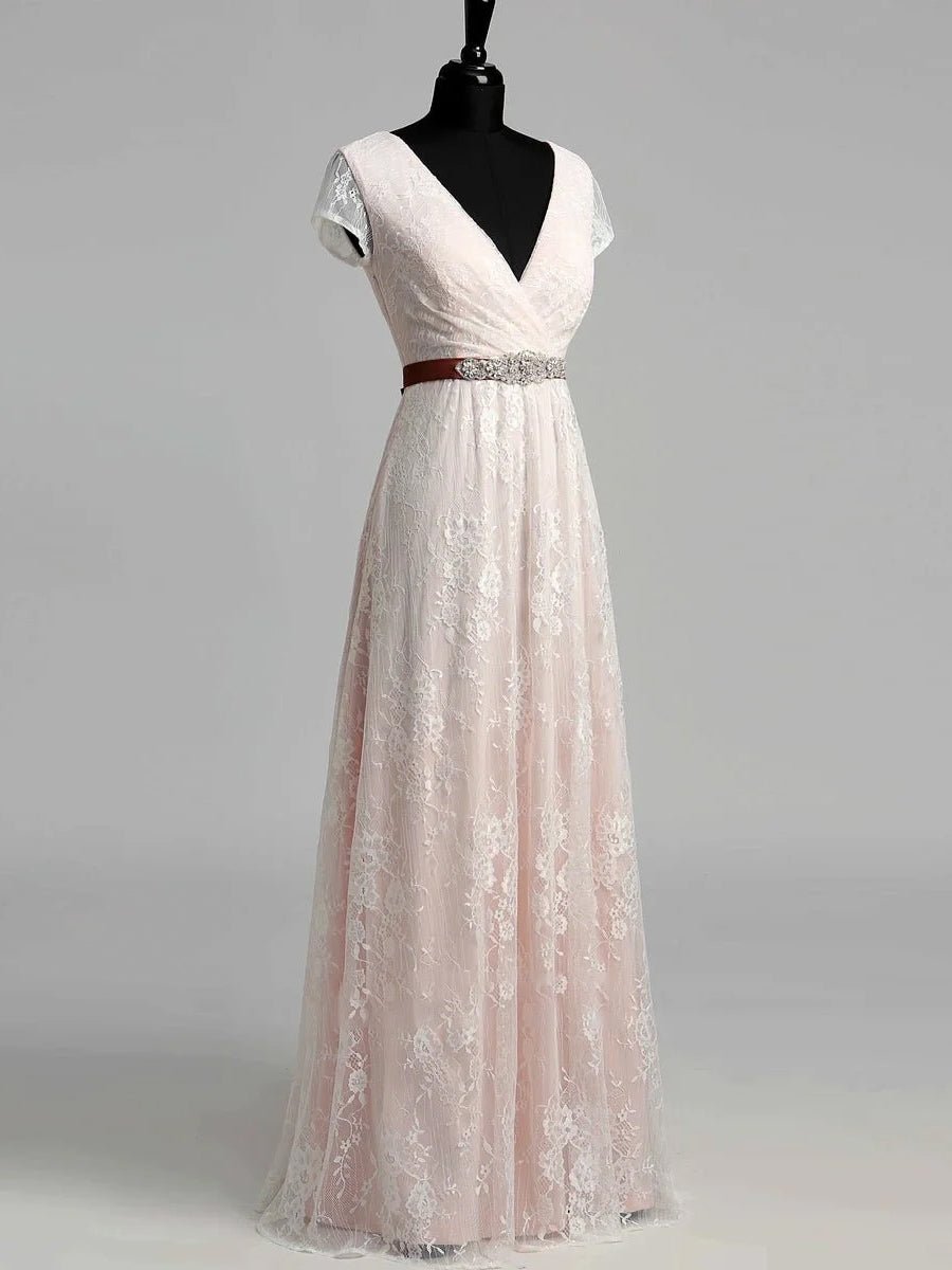 KissDress-Short Sleeve V-neck Pleated Long Lace Wedding Dress