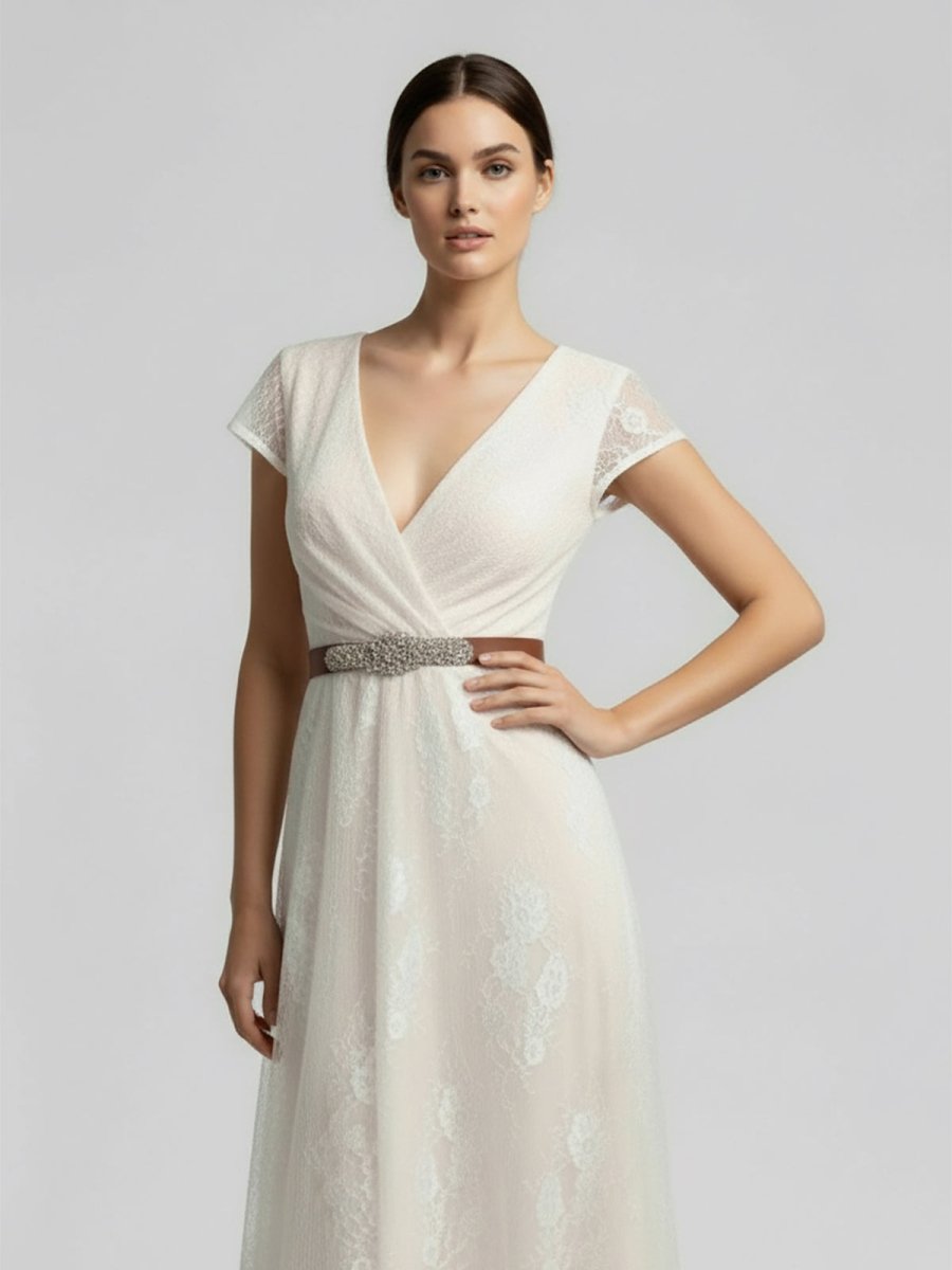 KissDress-Short Sleeve V-neck Pleated Long Lace Wedding Dress