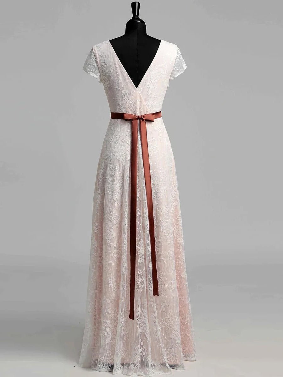 KissDress-Short Sleeve V-neck Pleated Long Lace Wedding Dress