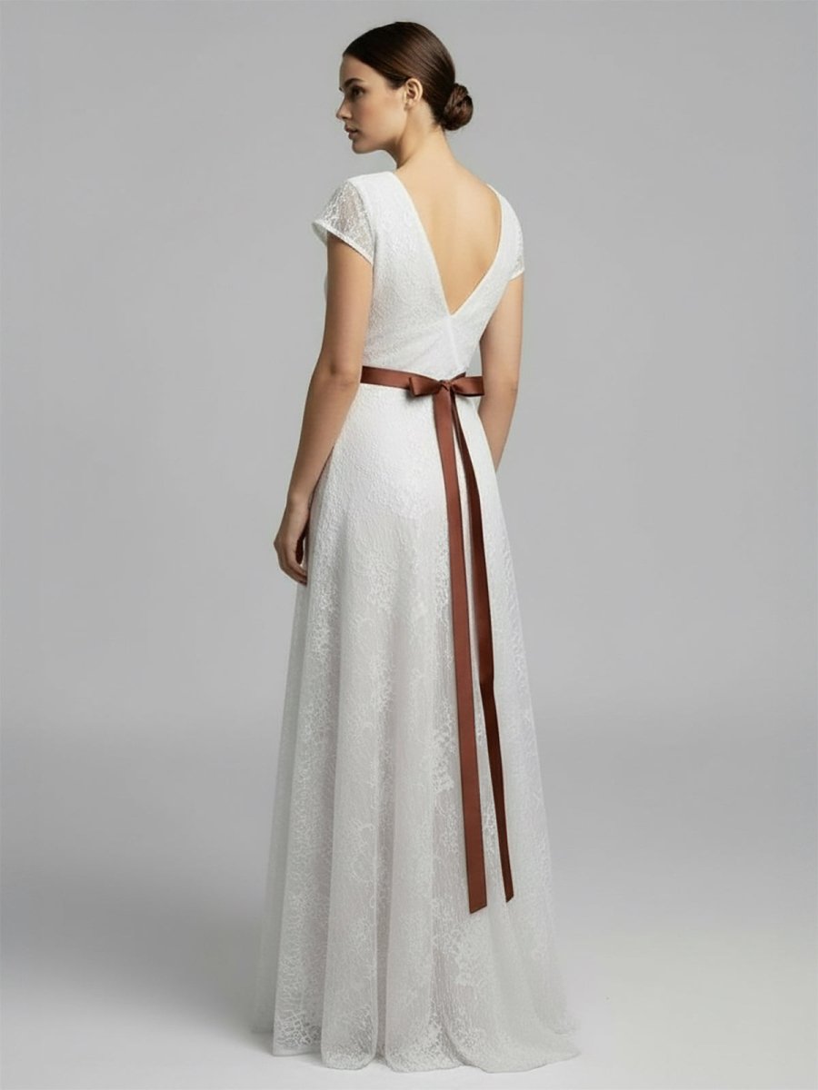 KissDress-Short Sleeve V-neck Pleated Long Lace Wedding Dress