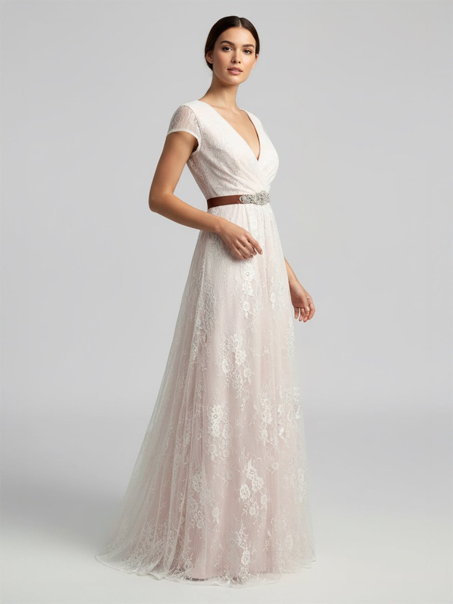 KissDress-Short Sleeve V-neck Pleated Long Lace Wedding Dress