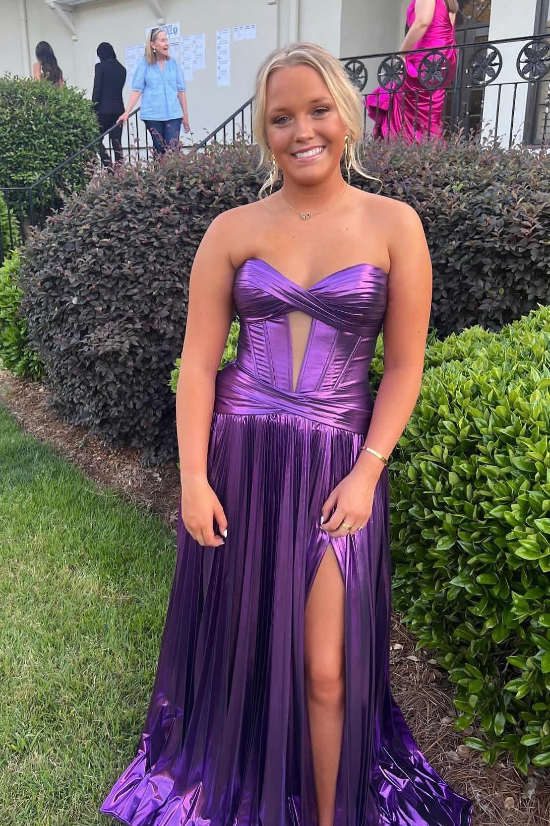 Turquoise Sweetheart Metallic Pleated Long Formal Dress With Slit