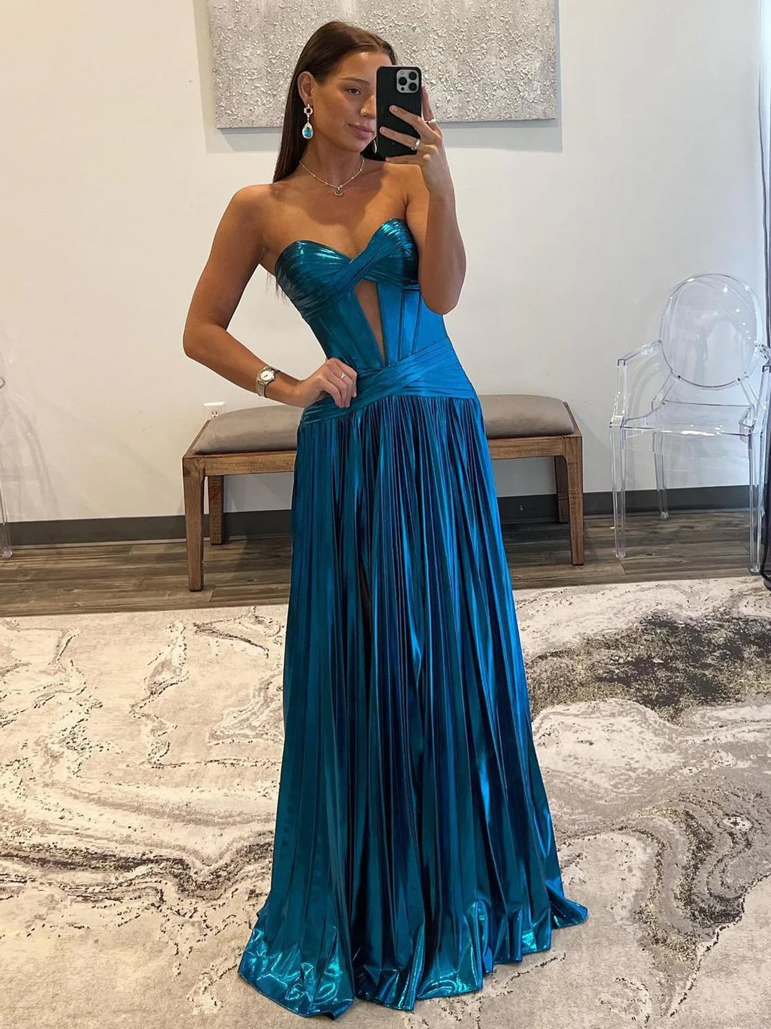 Turquoise Sweetheart Metallic Pleated Long Formal Dress With Slit