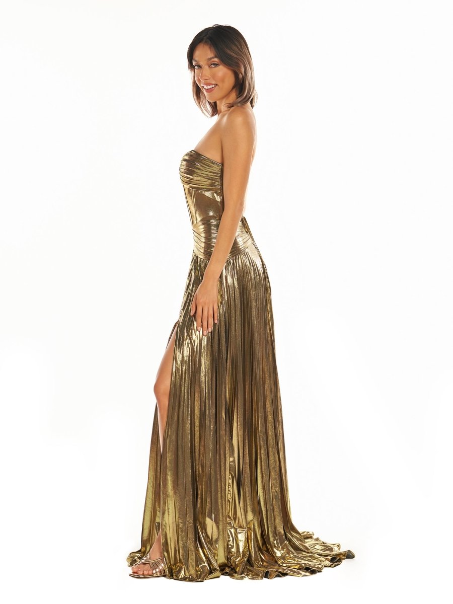 Sileas | Sweetheart Metallic Pleated Long Formal Dress With Slit - KissProm
