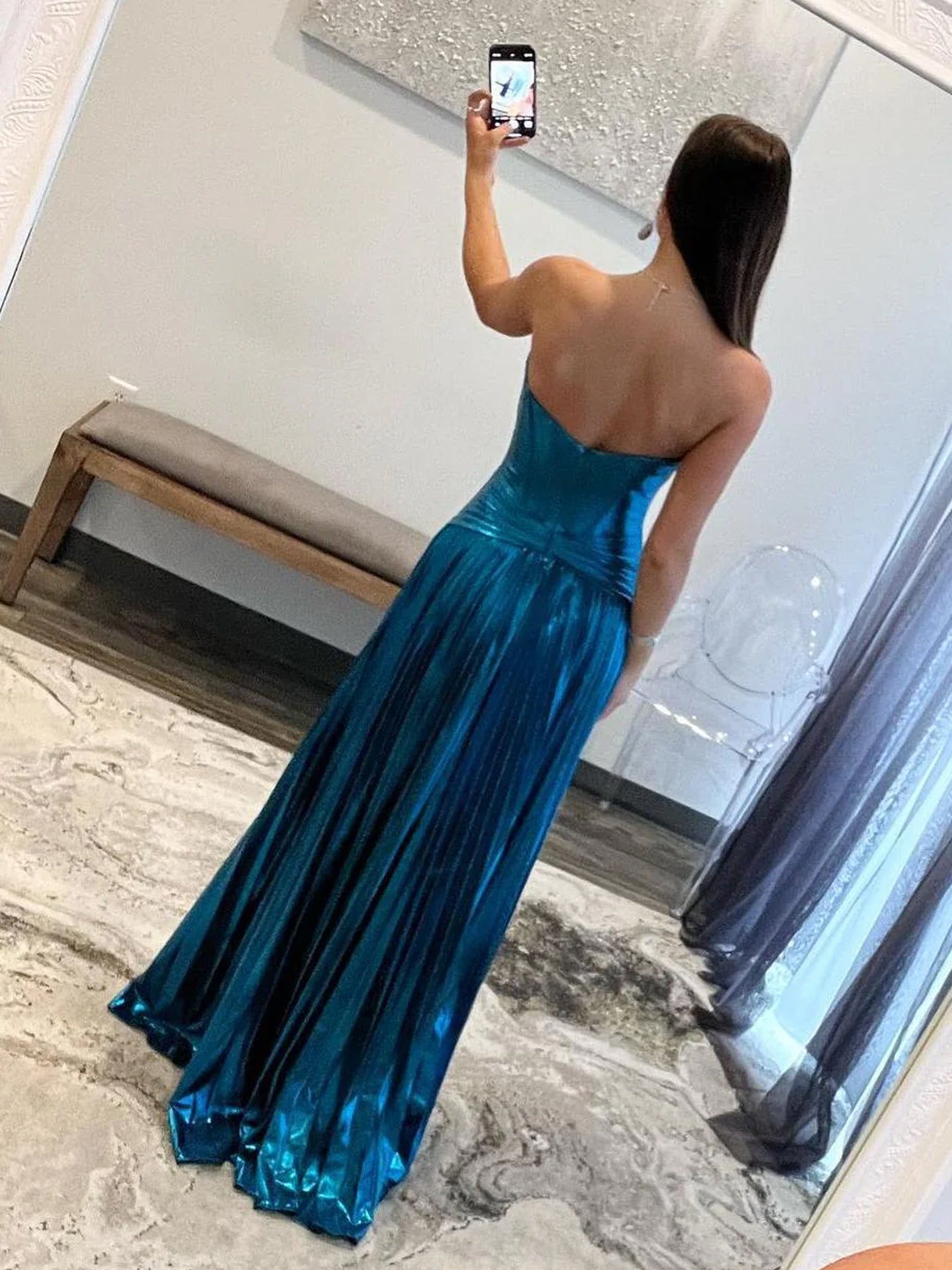Turquoise Sweetheart Metallic Pleated Long Formal Dress With Slit