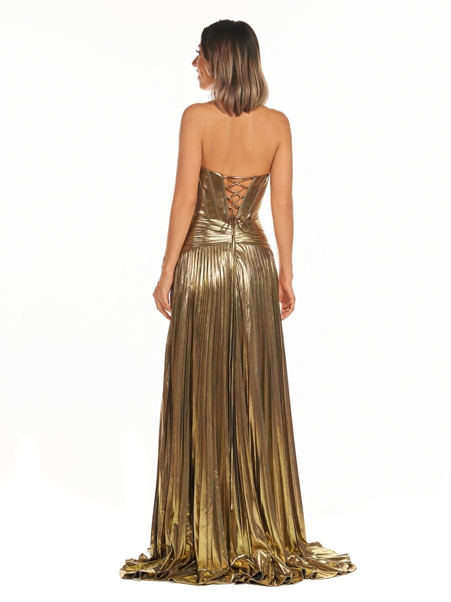 Sileas | Sweetheart Metallic Pleated Long Formal Dress With Slit - KissProm