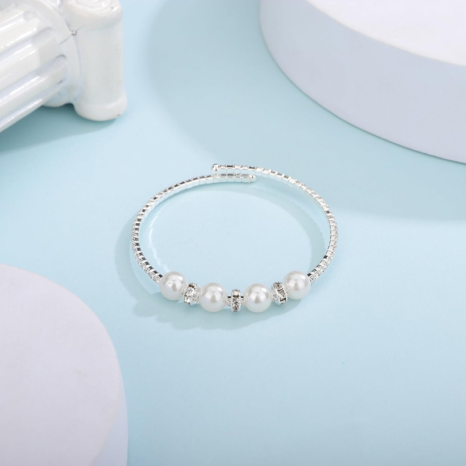 Gold Open Cuff Pearl Bracelets with Rhinestone