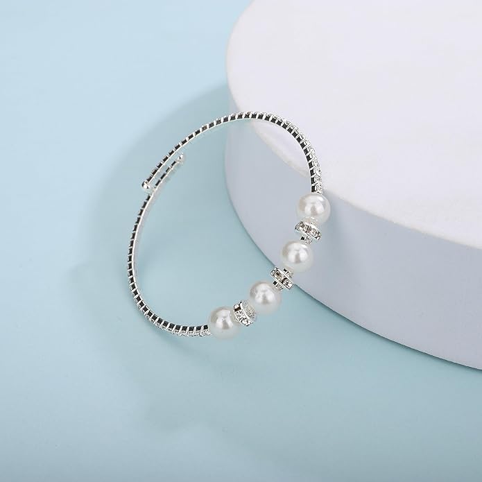 Gold Open Cuff Pearl Bracelets with Rhinestone