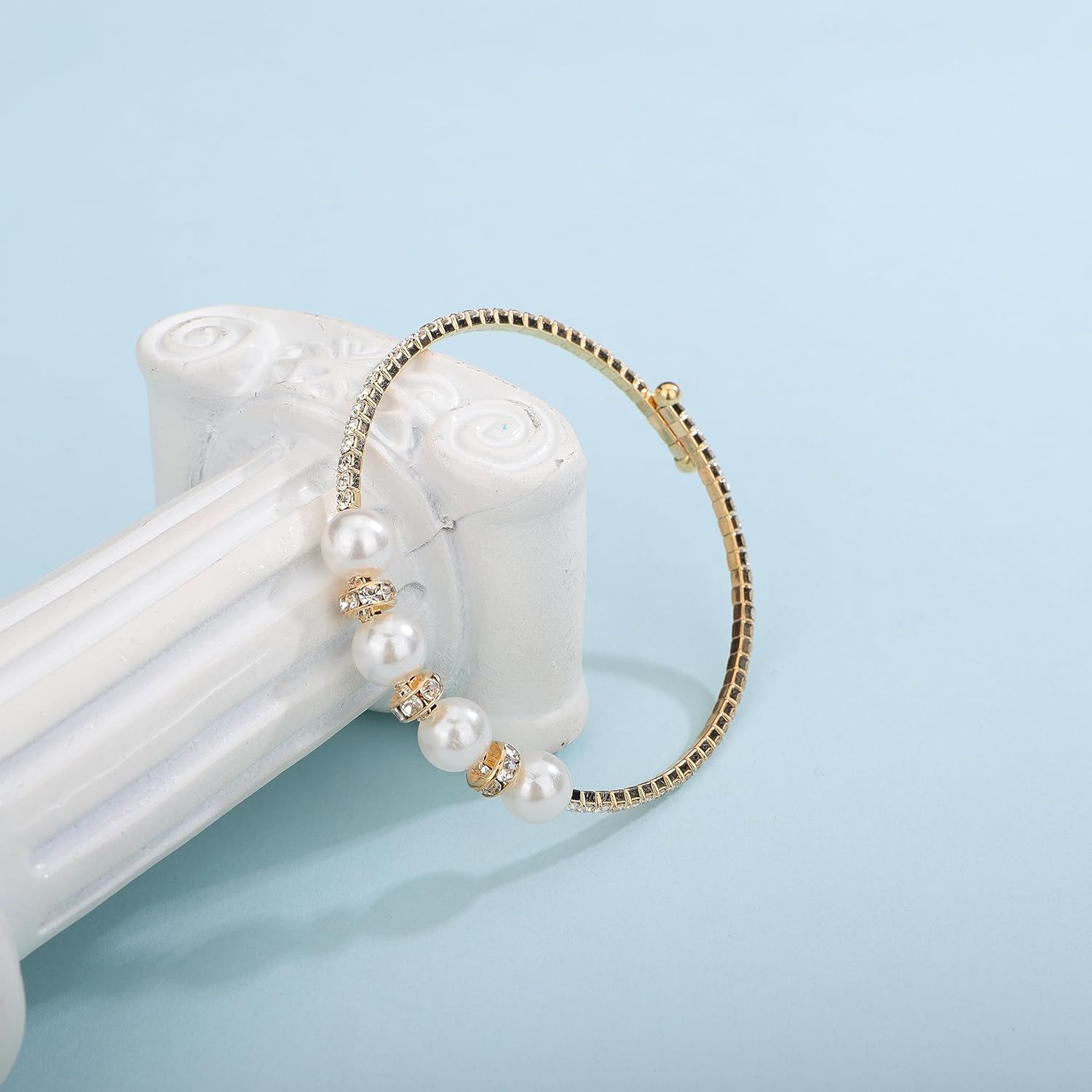 Gold Open Cuff Pearl Bracelets with Rhinestone