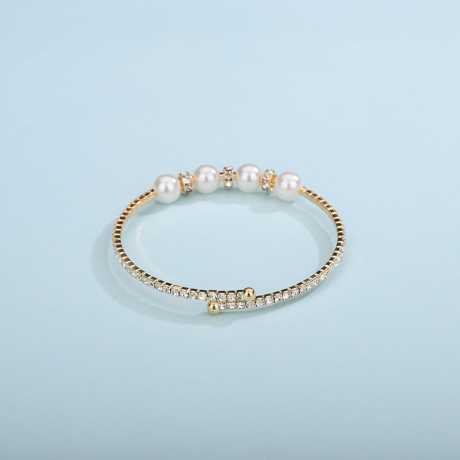 Gold Open Cuff Pearl Bracelets with Rhinestone