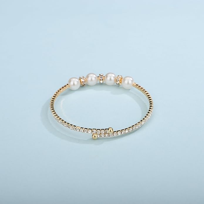Gold Open Cuff Pearl Bracelets with Rhinestone