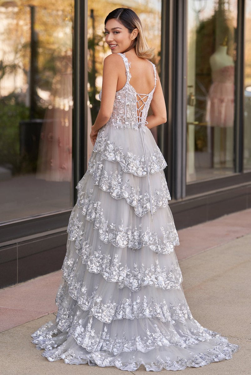 Silver Princess A Line Off the Shoulder Corset Prom Dress with Lace Ruffles - KissProm